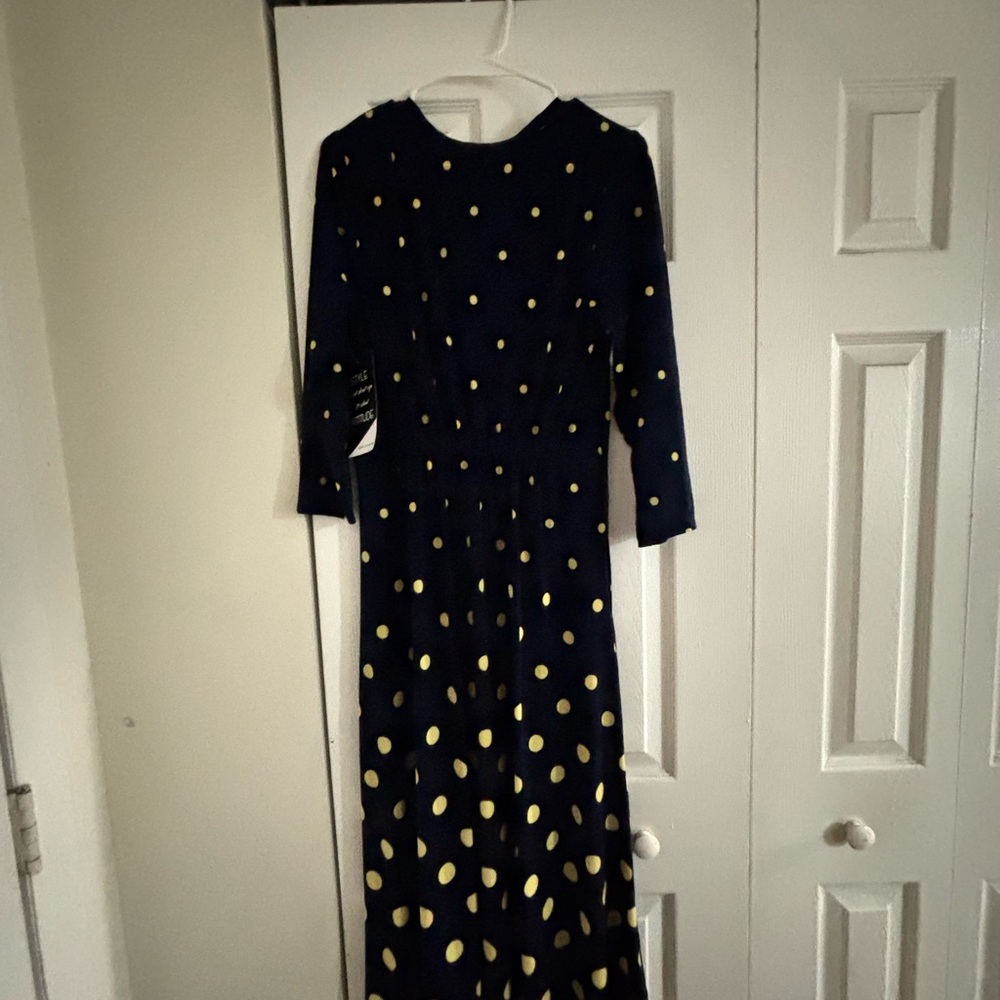 Attitudes by Renee Dark Blue Dress with Yellow Dots - Picture 3 of 5